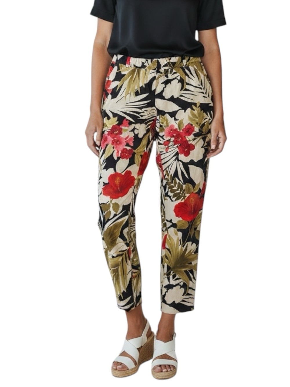 TOMMY BAHAMA Tropical Floral Print Pants in Black / Red Size 10 -- GORGEOUS!!!